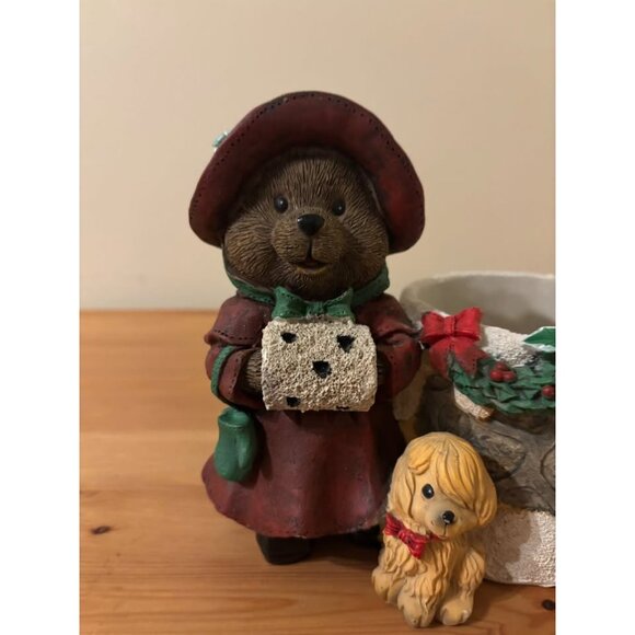 Vintage Christmas Bear Figurine & Holiday Planter – Woodland Caroler with Dog - Picture 2 of 4